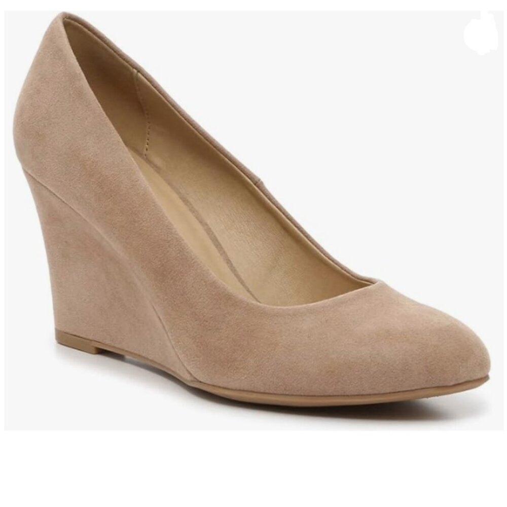 FOWT Nude Basic Almond Toe Thick High Heels Slip On Comfy Faux Suede Wedge Pumps